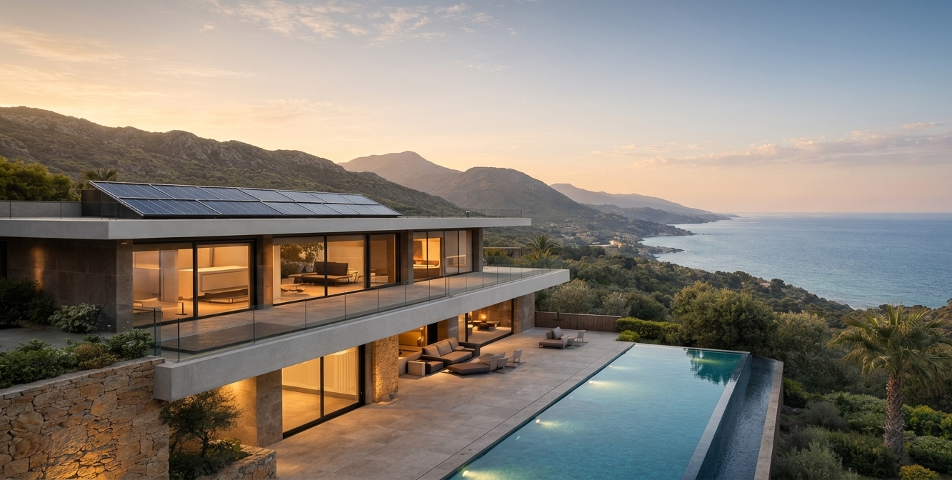 Contemporary villa with infinity pool overlooking the Mediterranean coast at dusk